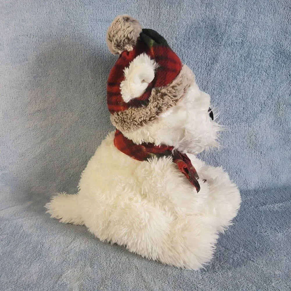 Gentle Treasures Plush White Dog Bear Red Plaid Winter Hat Scarf Holiday Stuff